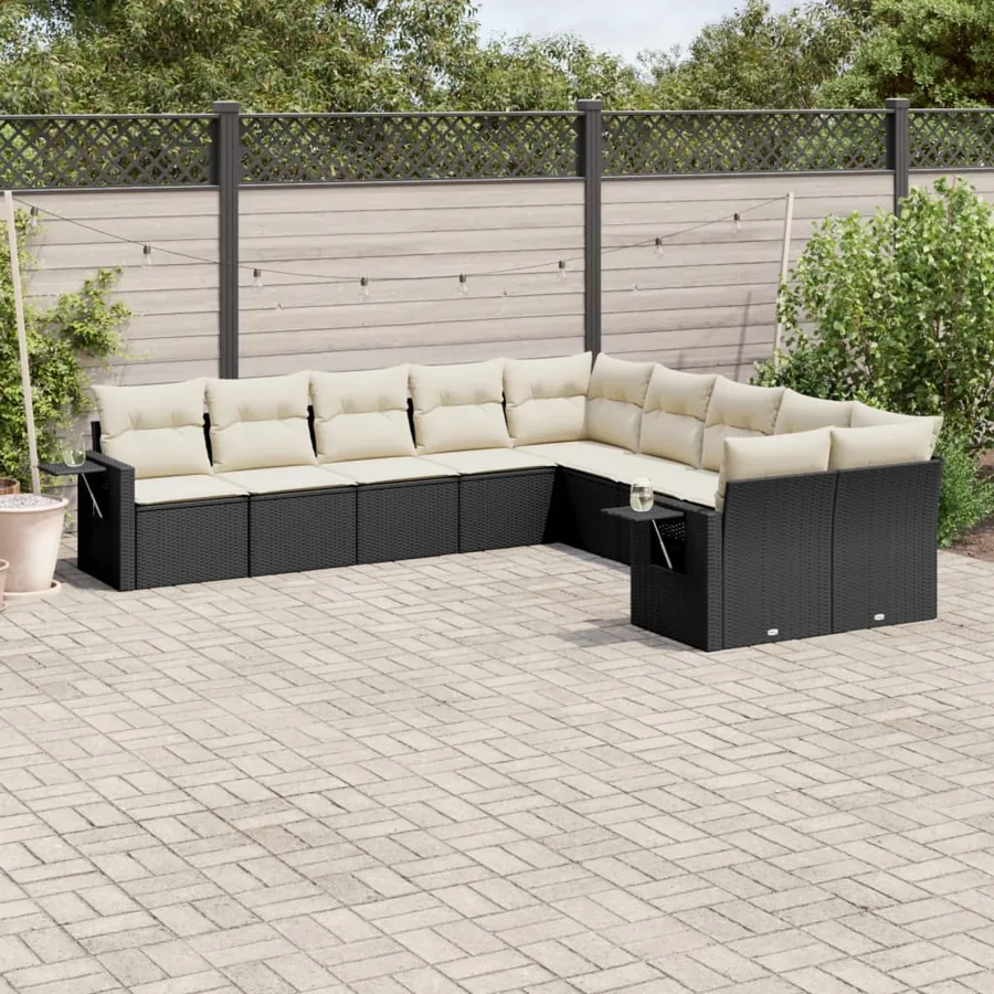 Salon de jardin 10 pcs avec coussins noir résine tressée