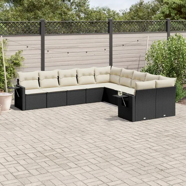 Salon de jardin 10 pcs avec coussins noir résine tressée