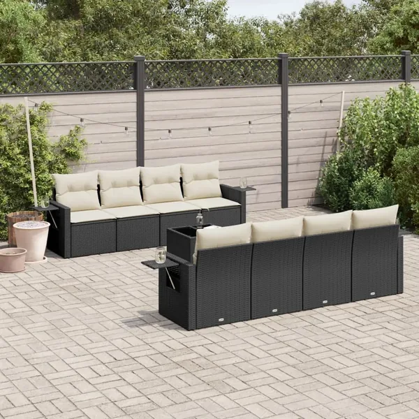 Salon de jardin 9 pcs avec coussins noir résine tressée