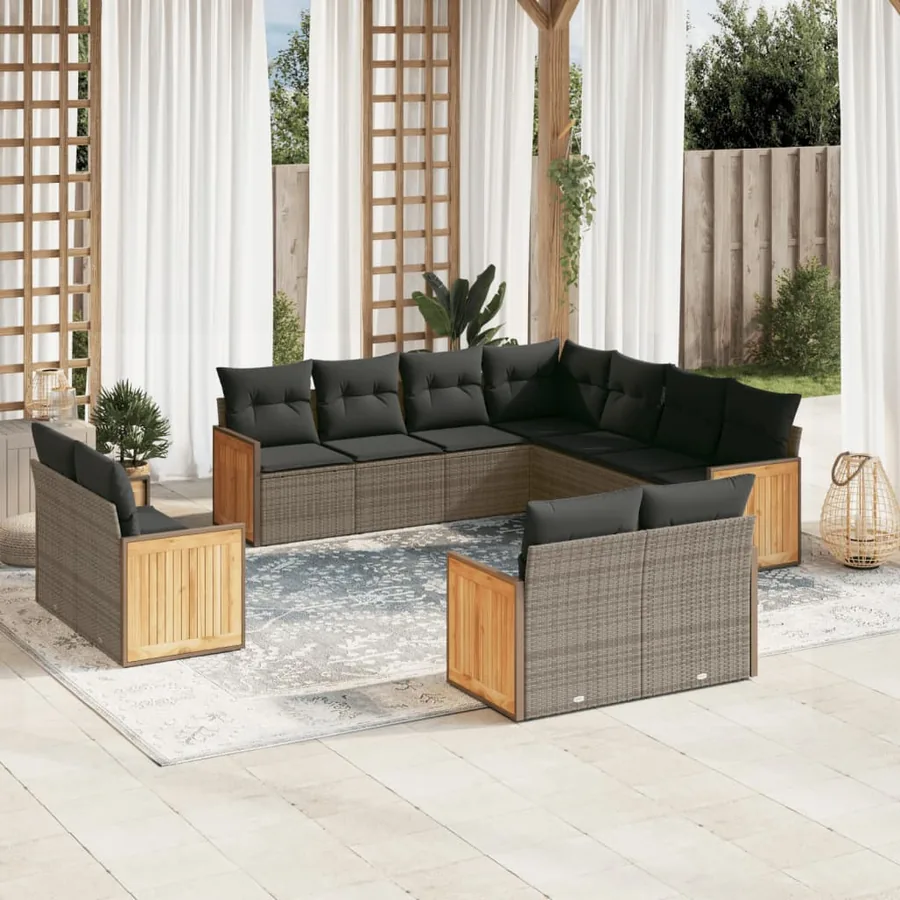 Salon de jardin 11 pcs avec coussins gris résine tressée