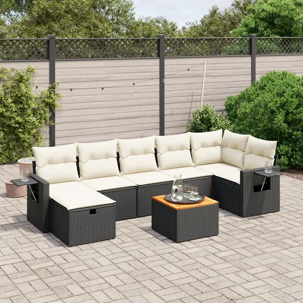 Salon de jardin 8 pcs avec coussins noir résine tressée