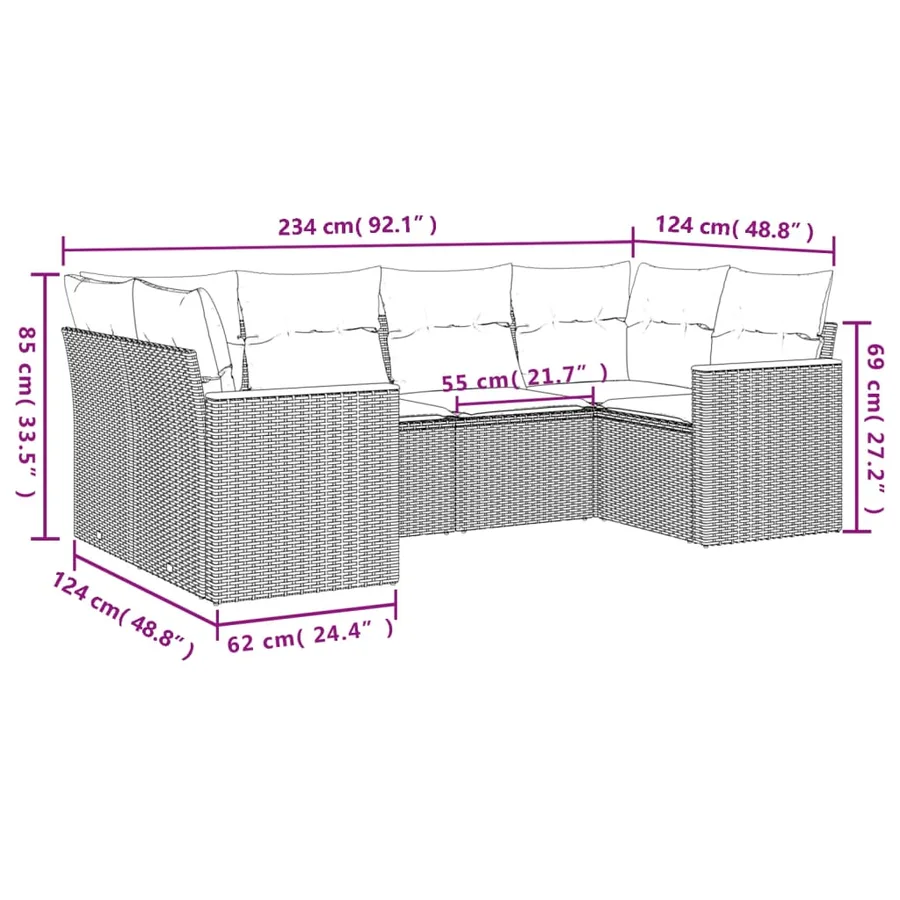 Salon de jardin 6 pcs avec coussins gris résine tressée - 7