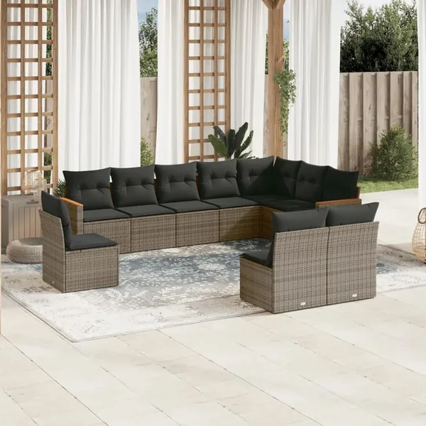 Salon de jardin avec coussins 10 pcs gris résine tressée