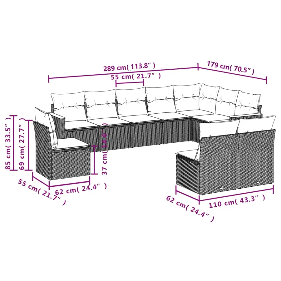 Salon de jardin avec coussins 10 pcs gris résine tressée - 7