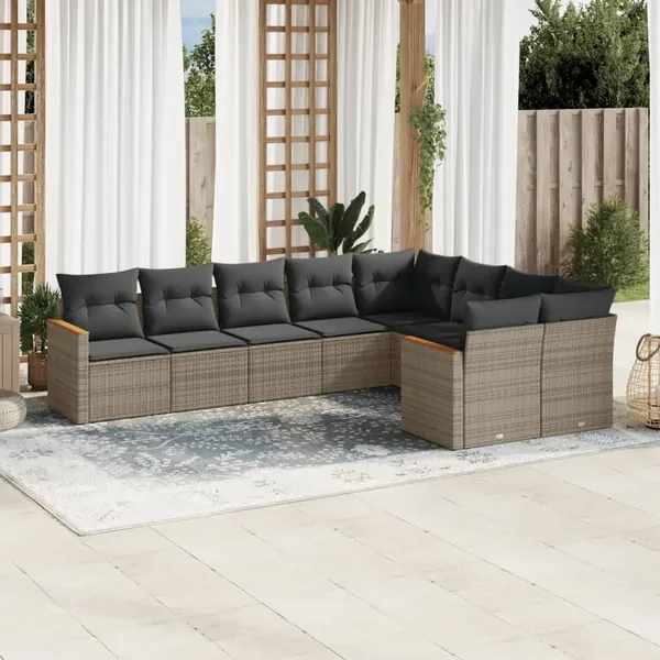 Salon de jardin 9 pcs avec coussins gris résine tressée