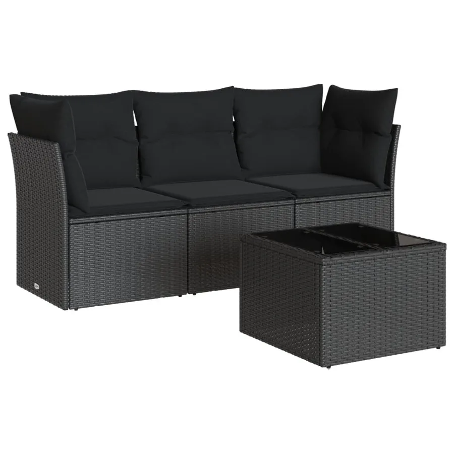 Salon de jardin 4 pcs avec coussins noir résine tressée - 2