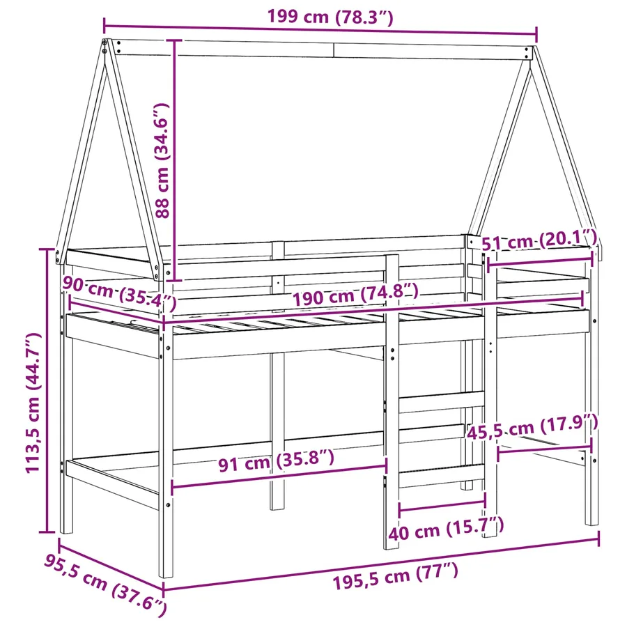 Cadre de lit mezzanine Brun Ciré 90 x 190 cm Pin massif - 12