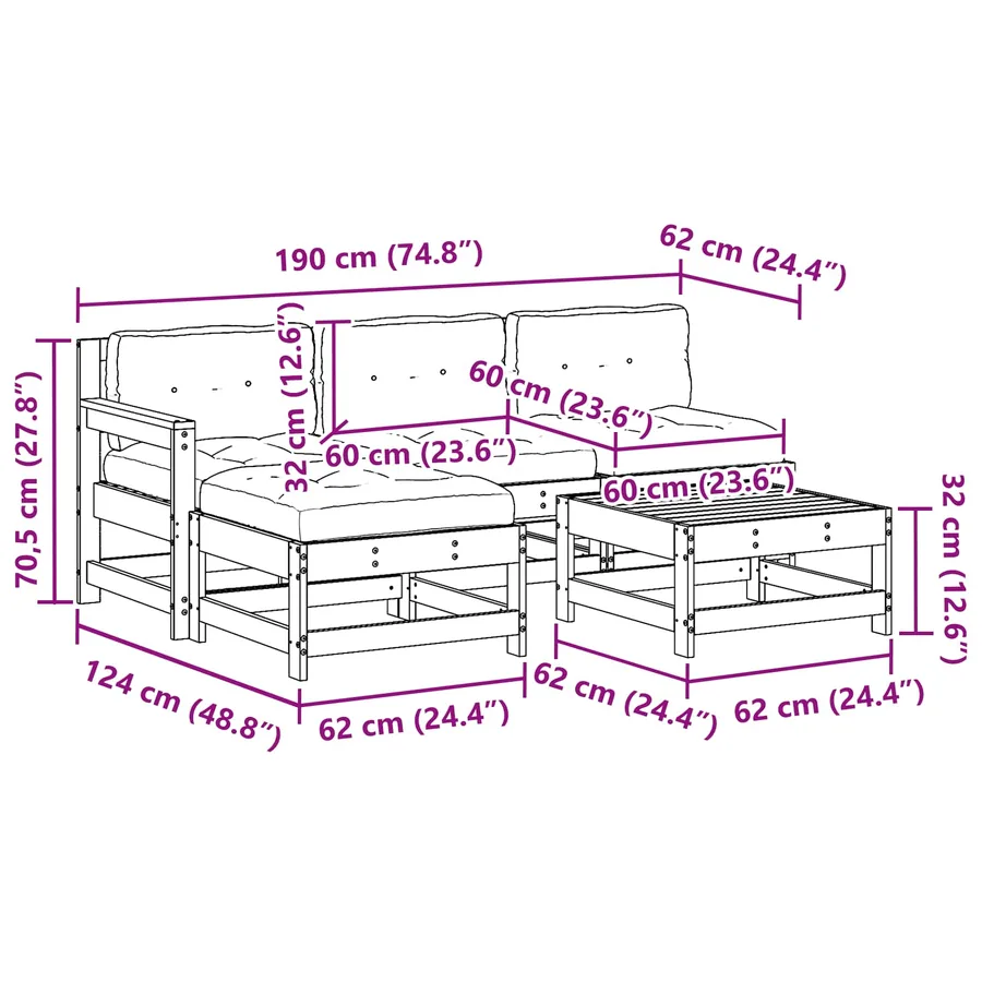 Ensemble de salon de jardin 5 pcs Pin brun ciré - 9