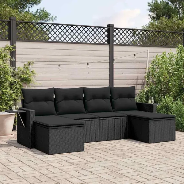 Salon de jardin 6 pcs avec coussins noir résine tressée