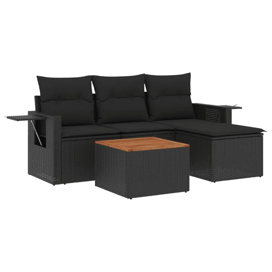Salon de jardin 5 pcs avec coussins noir résine tressée - 2