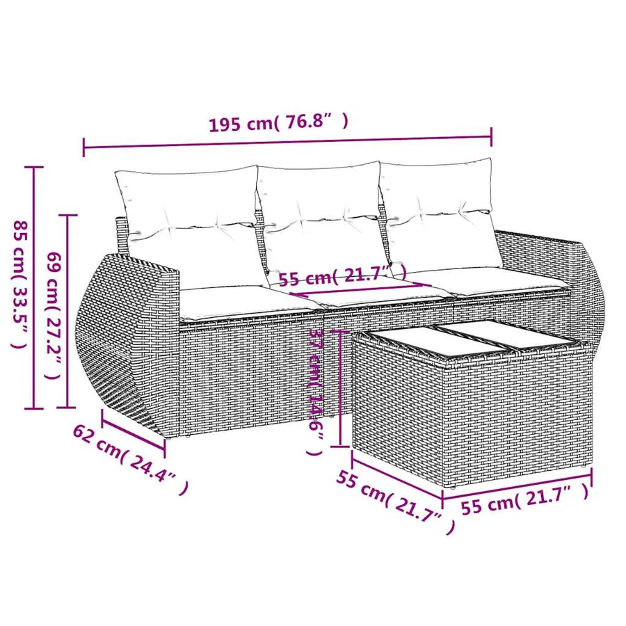 Salon de jardin 4 pcs avec coussins noir résine tressée - 3