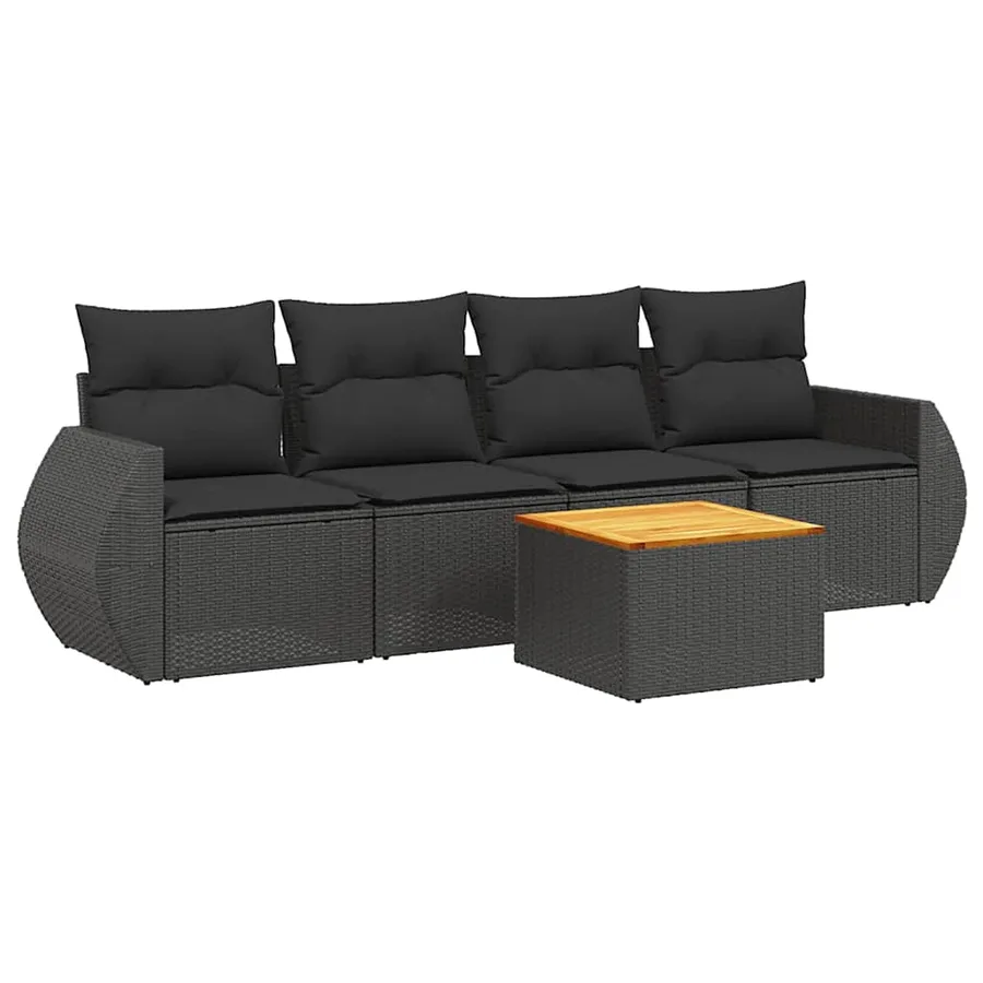 Salon de jardin 5 pcs avec coussins noir résine tressée - 2