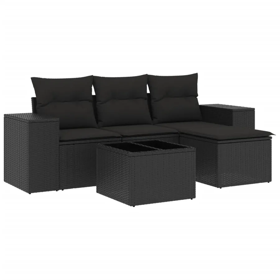 Salon de jardin 5 pcs avec coussins noir résine tressée - 2