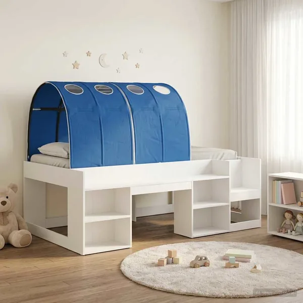 Cadre de lit avec tunnel 3 pcs Blanc et bleu Bois d'ingénierie