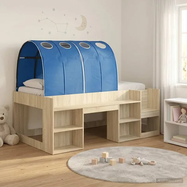 Cadre de lit avec tunnel avec étagère 3 pc Chêne Sonoma et bleu