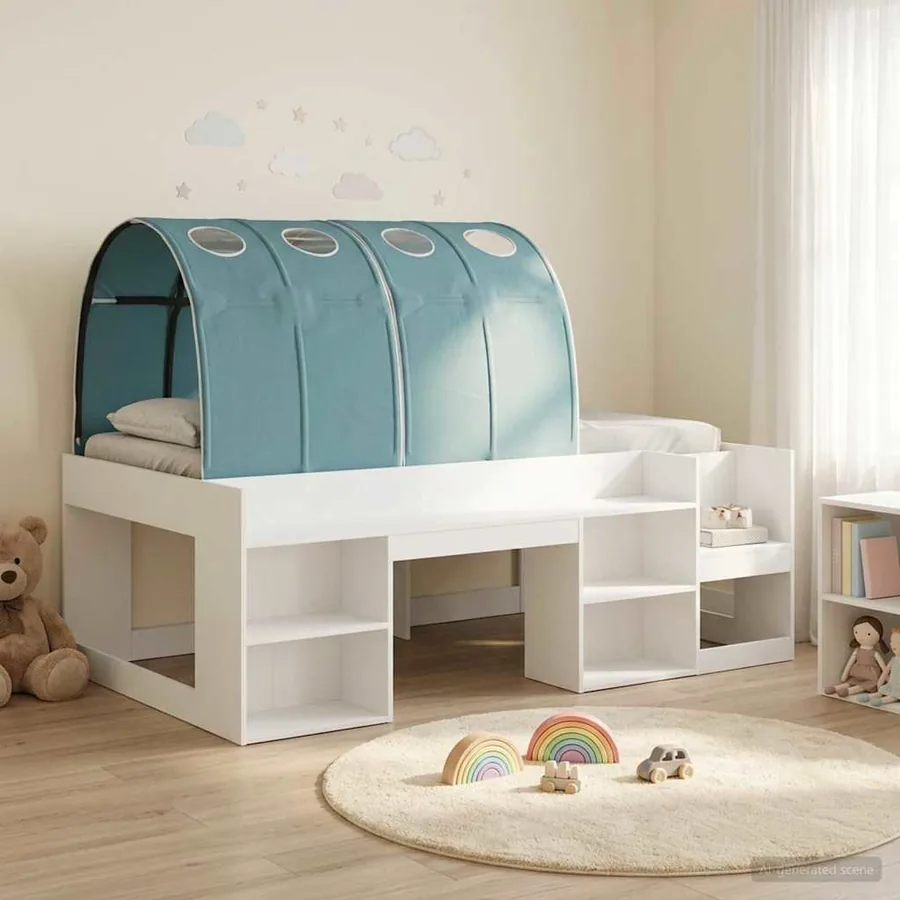 Cadre de lit avec tunnel avec étagère 3 pc Blanc et bleu clair