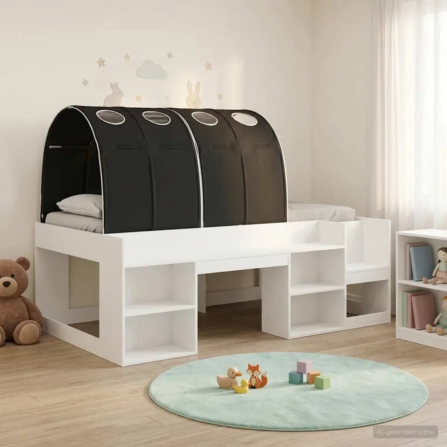 Cadre de lit avec tunnel 3 pc Blanc et noir Bois d’ingénierie