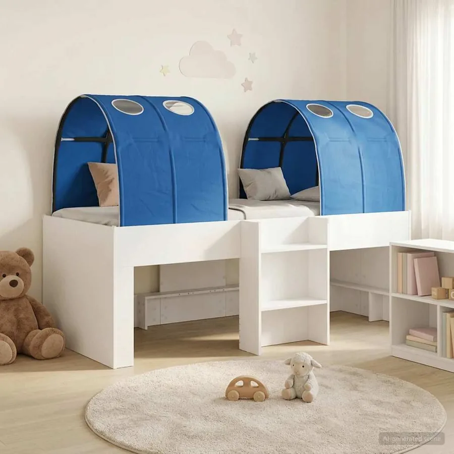 Lit avec Tunnel 4 pcs Blanc et bleu Bois d'ingénierie