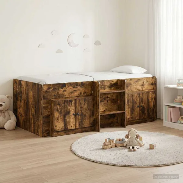 Cadre de lit en loft avec armoire avec stockage 3 pc Chêne fumé