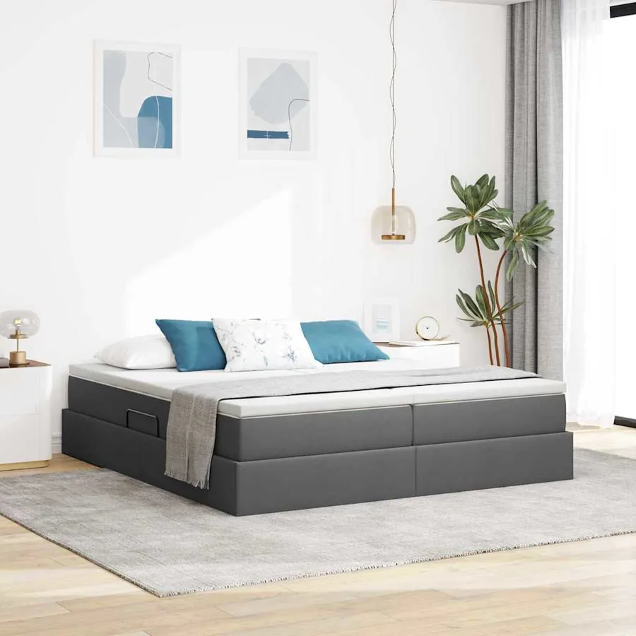 Lit avec rangement et matelas Gris foncé 200 x 200 cm Polyester