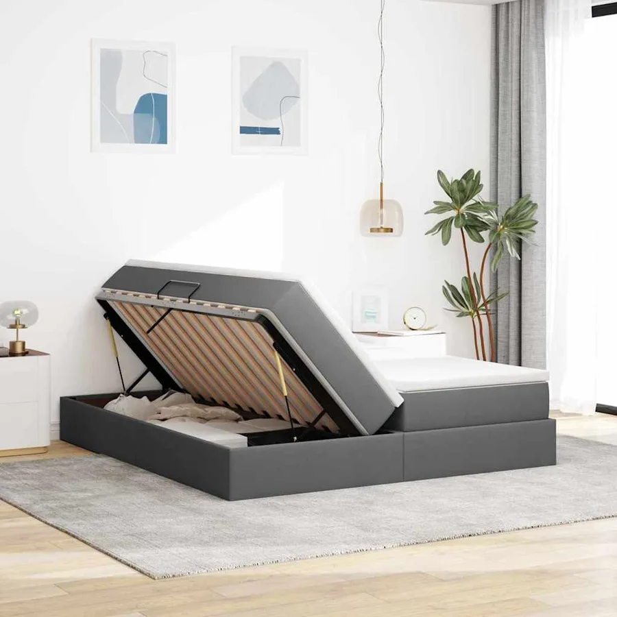 Lit avec rangement et matelas Gris foncé 200 x 200 cm Polyester - 4