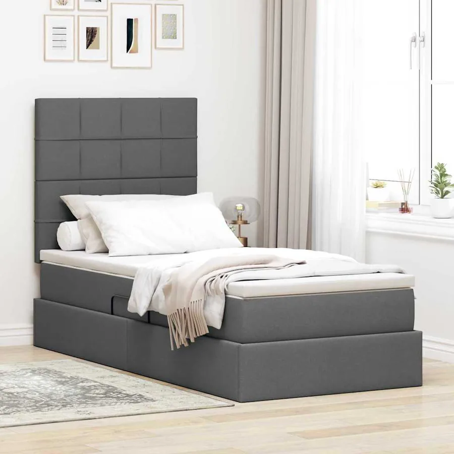 Lit de rangement LED avec matelas Gris foncé 90 x 190 cm Tissu