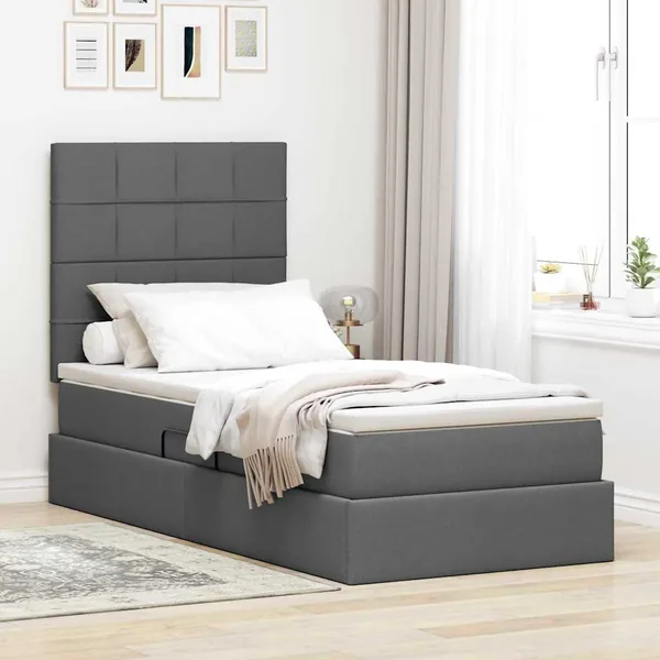 Lit de rangement LED avec matelas Gris foncé 90 x 190 cm Tissu