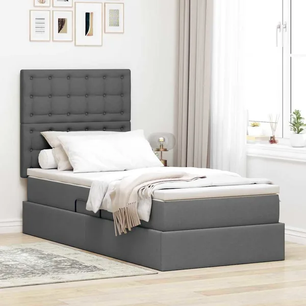 Lit avec rangement et matelas Gris foncé 90 x 190 cm tissu