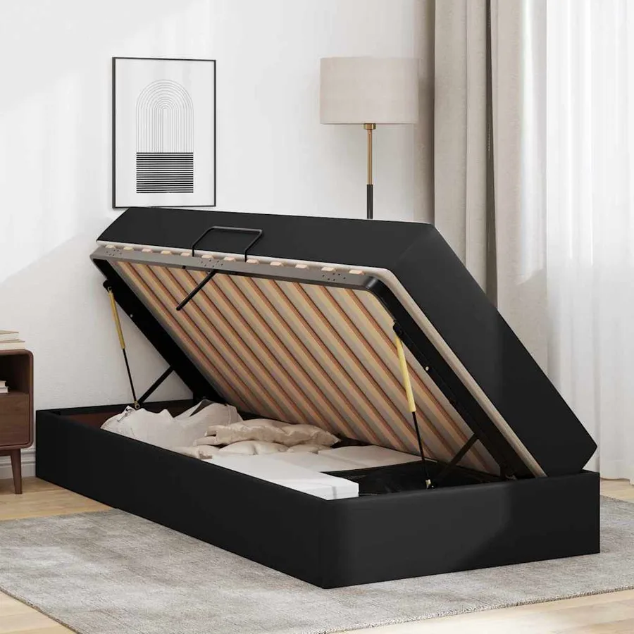 Lit avec rangement et matelas avec matelas 2 pcs Noir Cuir - 4