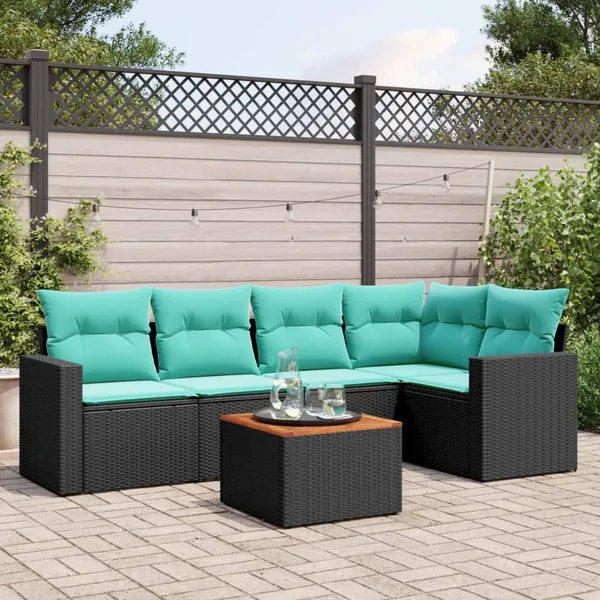 Salon de jardin 6 pcs avec coussins noir résine tressée