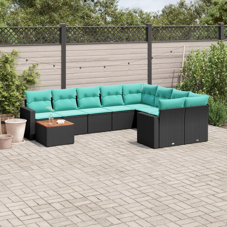 Salon de jardin 10 pcs avec coussins noir résine tressée