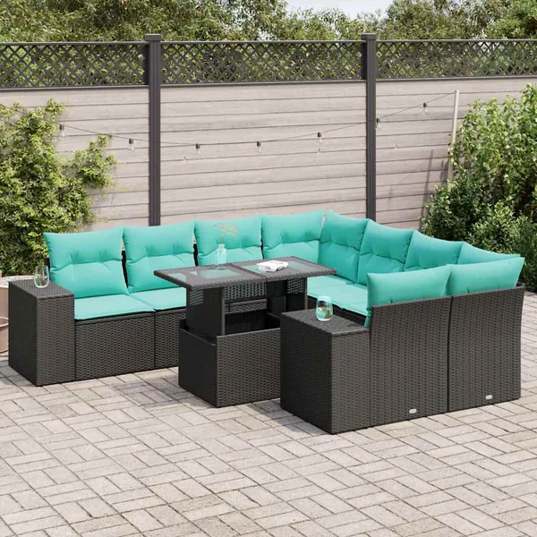 Salon de jardin avec coussins 9 pcs noir résine tressée acacia