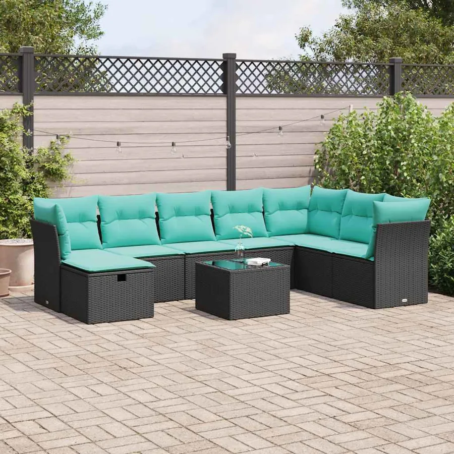 Salon de jardin 9 pcs avec coussins noir résine tressée