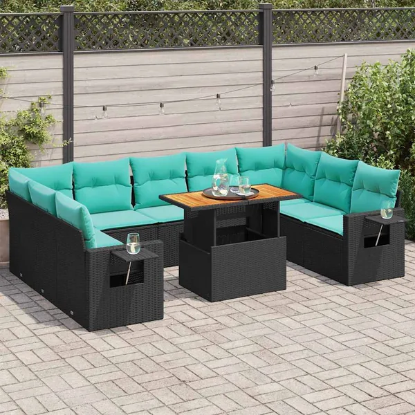 Salon de jardin 10 pcs avec coussins noir résine tressée