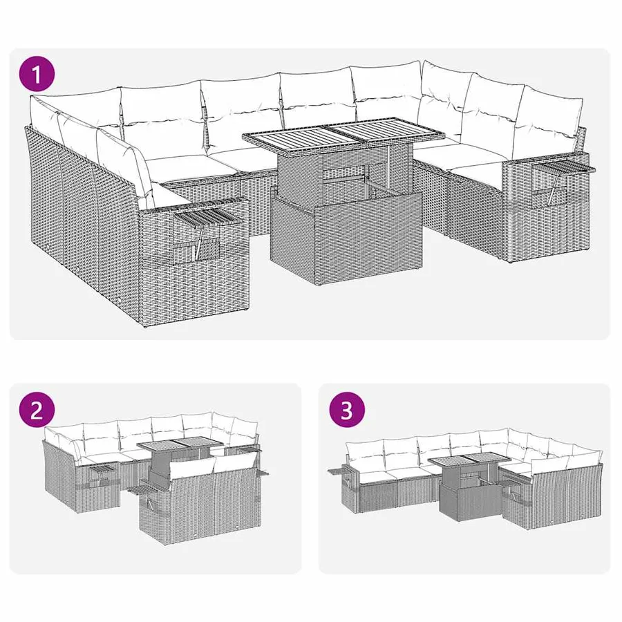 Salon de jardin 10 pcs avec coussins noir résine tressée - 12