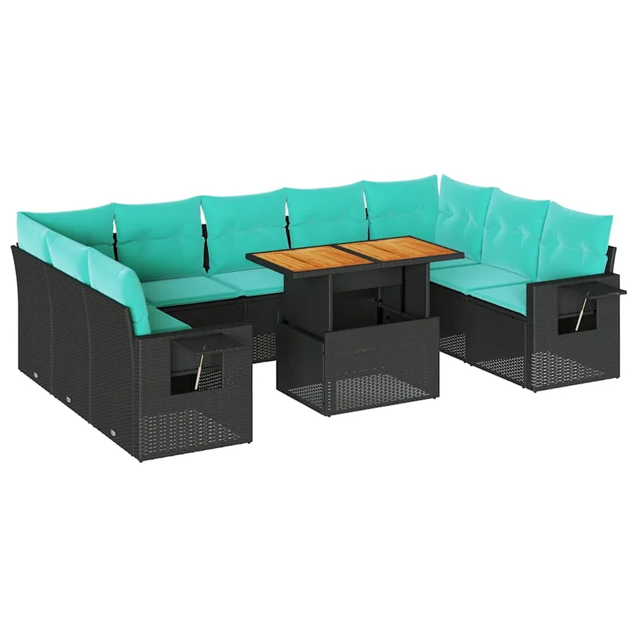 Salon de jardin 10 pcs avec coussins noir résine tressée - 2