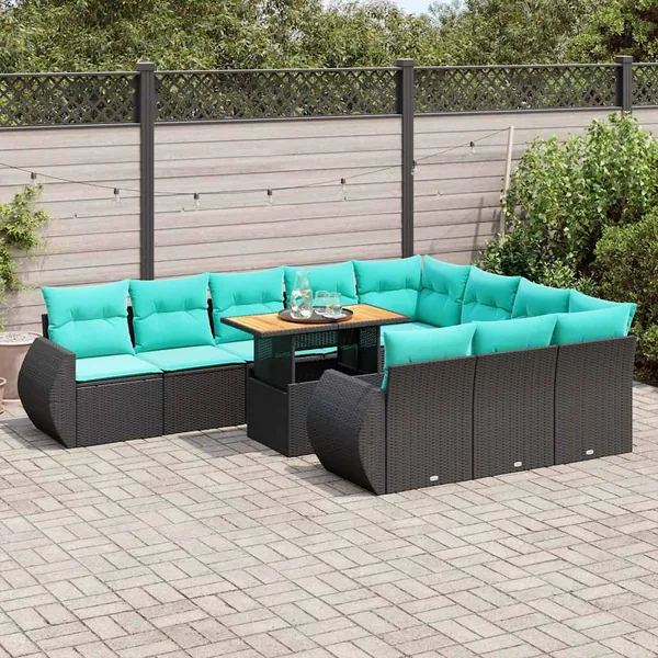 Salon de jardin 11 pcs avec coussins noir résine tressée