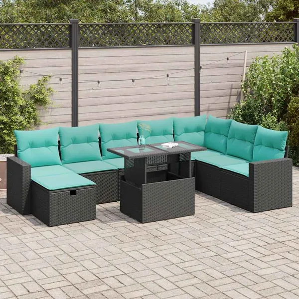 Salon de jardin avec coussins 9 pcs gris résine tressée acacia