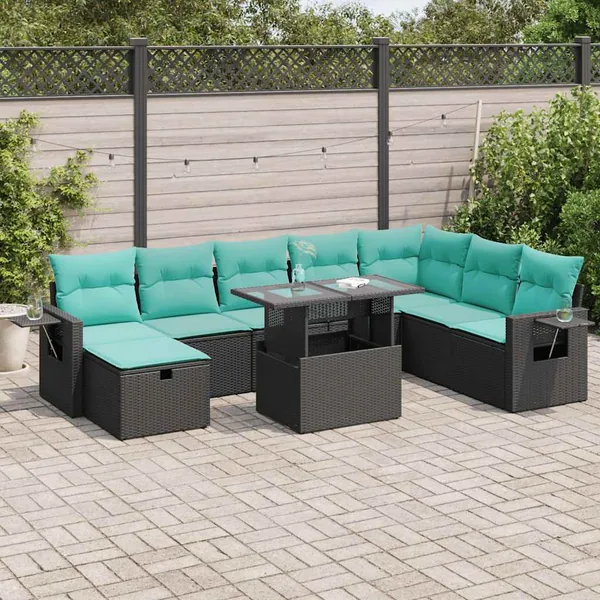 Salon de jardin avec coussins 9 pcs gris résine tressée acacia