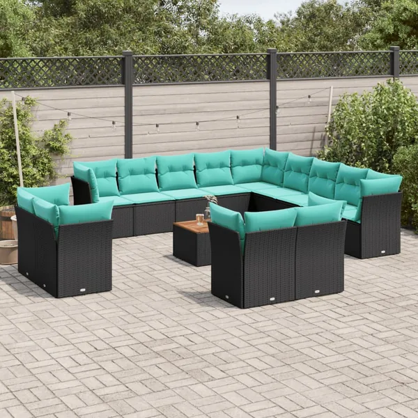 Salon de jardin avec coussins 14 pcs noir résine tressée