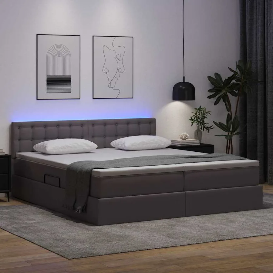 Lit avec rangement et LED Gris 200 x 200 cm Cuir synthétique - 5
