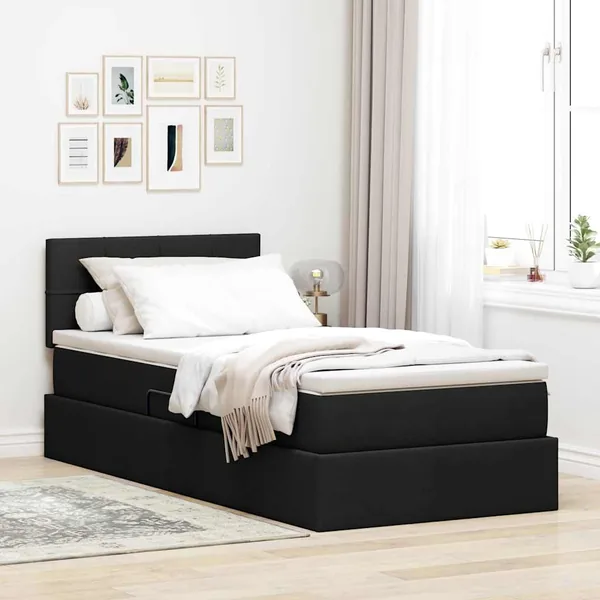 Lit de rangement LED avec matelas Noir 100 x 200 cm Tissu