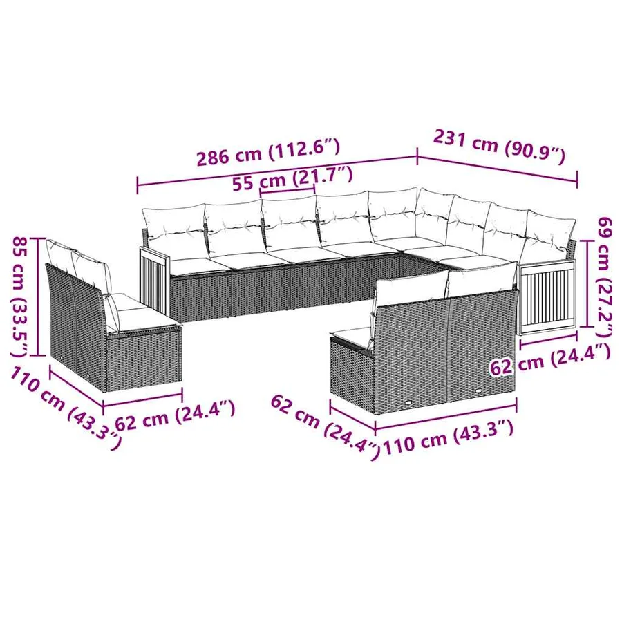 Salon de jardin 12 pcs avec coussins noir résine tressée - 7