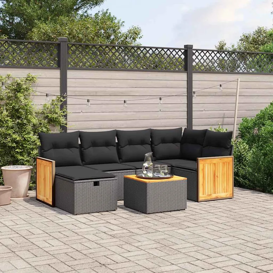 Salon de jardin 7 pcs avec coussins noir résine tressée 62 x 62 x 69 cm - 58,8 kg