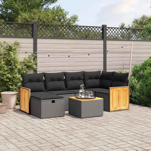 Salon de jardin 7 pcs avec coussins noir résine tressée 62 x 62 x 69 cm - 58,8 kg