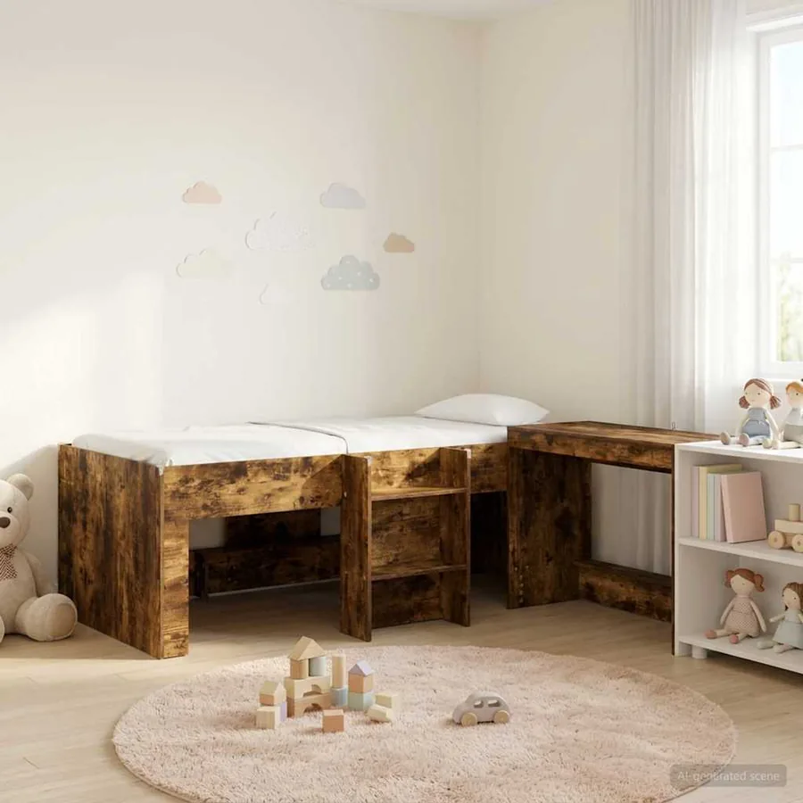 Lit haut pour enfants avec bureau 2 pc Chêne fumé