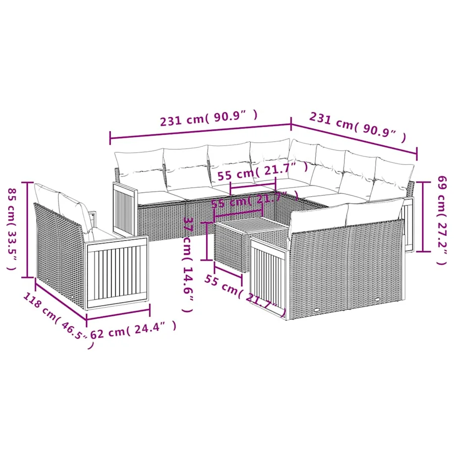 Salon de jardin 12 pcs avec coussins noir résine tressée - 8