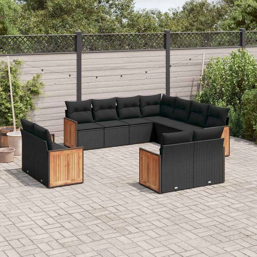 Salon de jardin 11 pcs avec coussins noir résine tressée