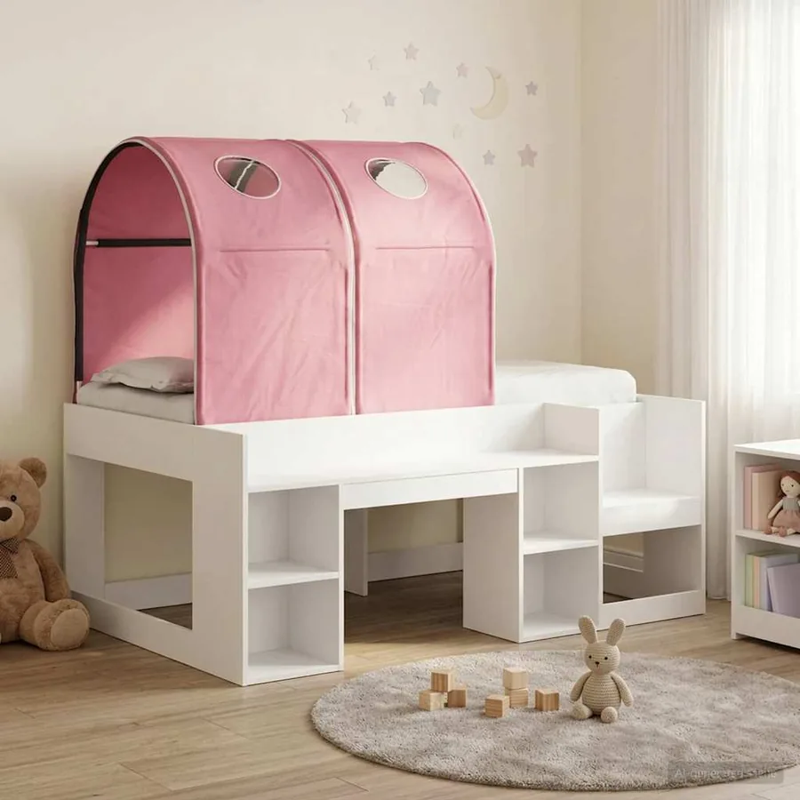 Lit avec Tunnel 3 pc Blanc et rose Bois d'ingénierie