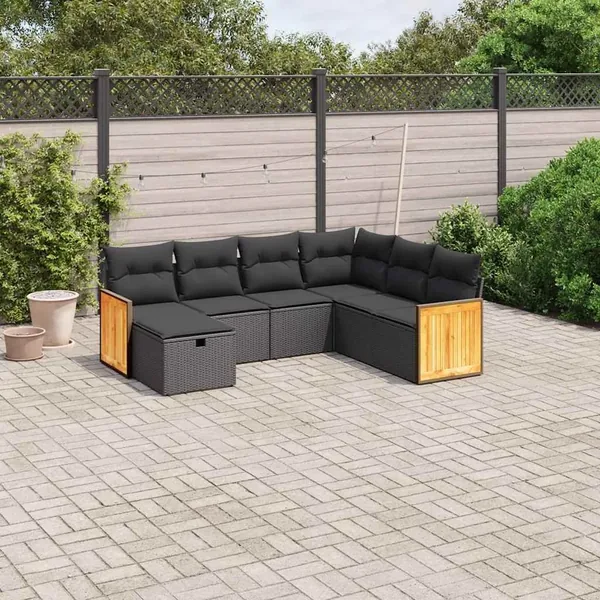 Salon de jardin 7 pcs avec coussins noir résine tressée 62 x 62 x 69 cm - 56,7 kg